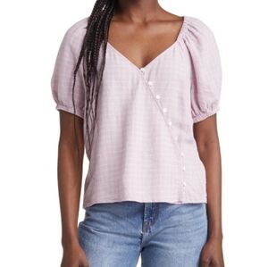 Linen-Blend Puff-Sleeve Button-Wrap Top in Plaid
